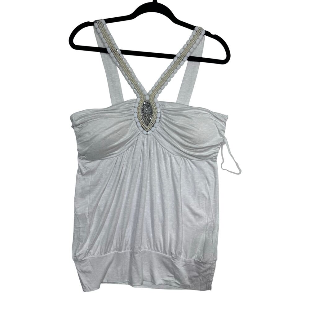 Y2K Vanity Beaded Embellished‎ Babydoll Tank Top White XL USA Made Vintage